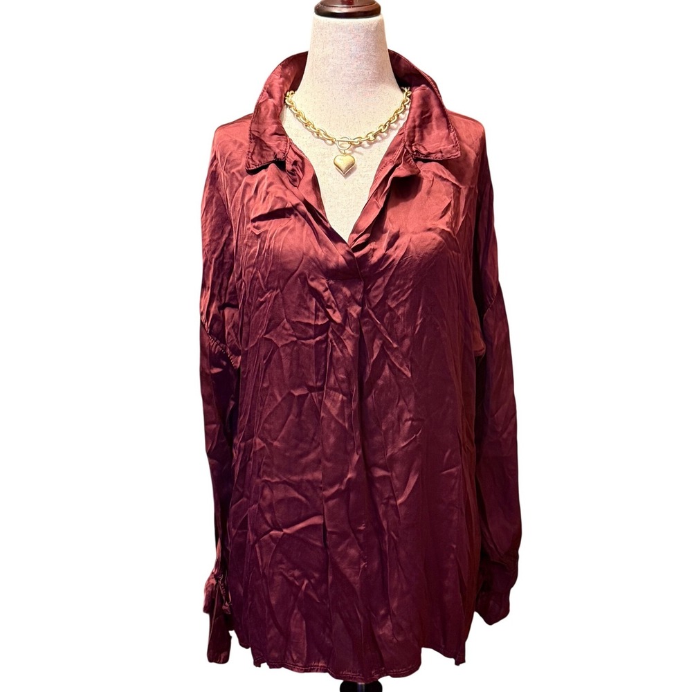 TEMPO PARIS Burgundy Satin V-Neck Collared Long Sleeve‎ Blouse Top S M
